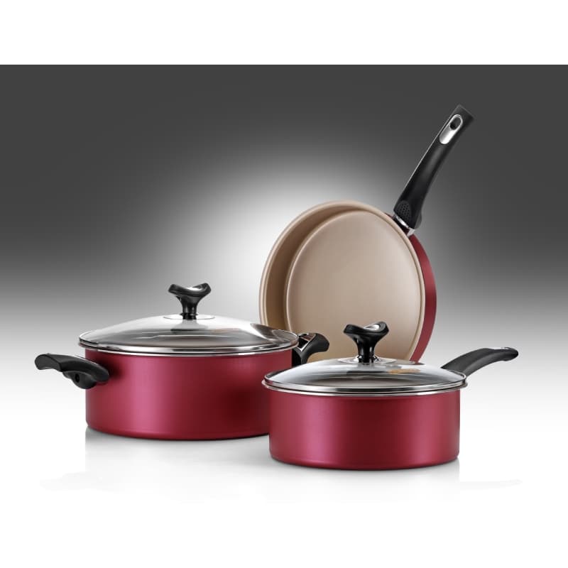 SET 5 PIEZAS MARMICOC -SABORES (CACEROLA CTAPA 24CM OLLA CTAPA 20CM SARTEN 24CM) ROJO Y DORADO